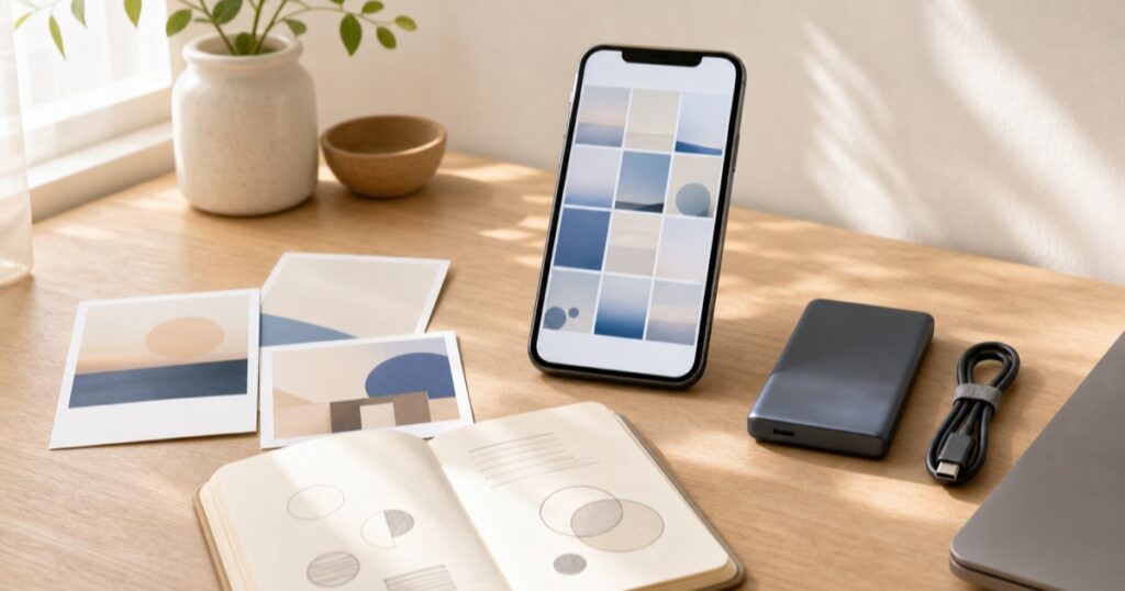 スマートフォンの写真と外付けSSDを机で整理し、バックアップを確認する様子